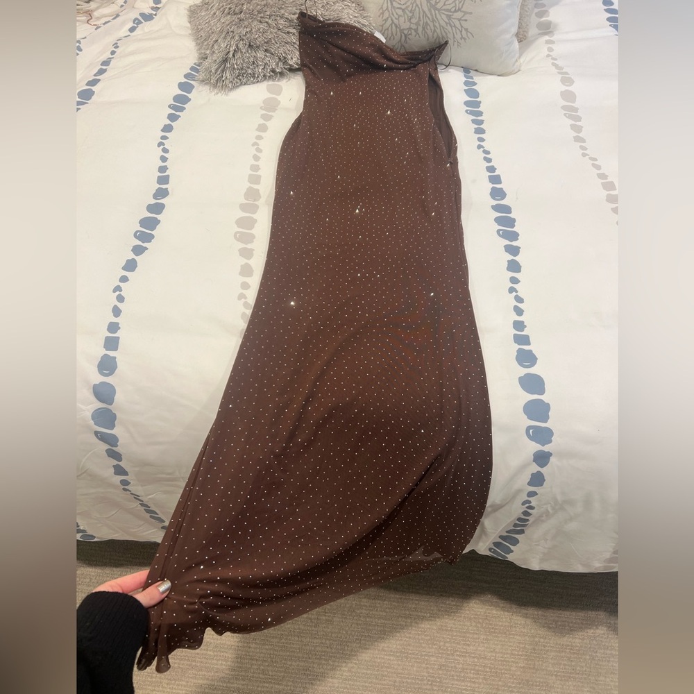 Brown Rhinestone Strapless Maxi Dress